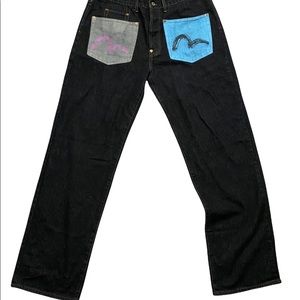 Vintage EVISU jeans with back pockets on the front. RARE